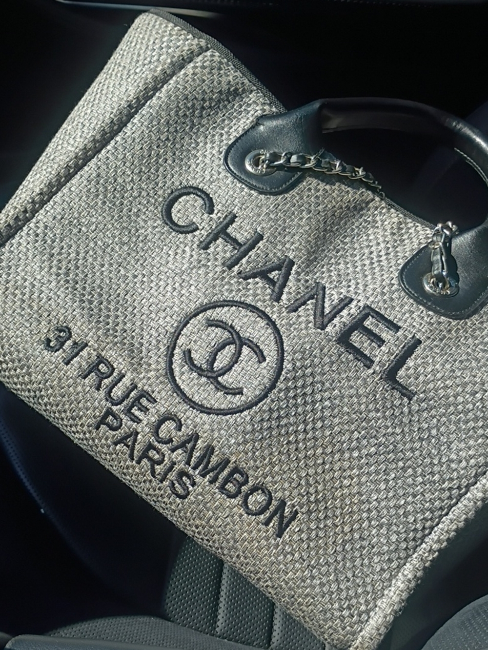 CHANEL Beige and Black Woven Logo Tote